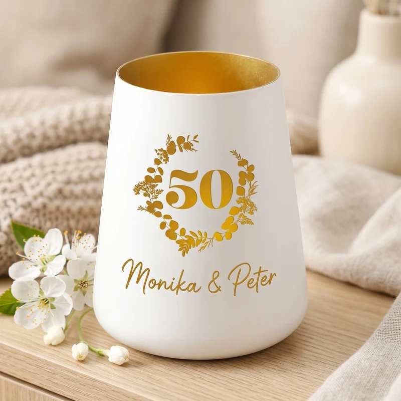 Windlicht zur Goldenen Hochzeit mit Namen personalisiert | Deko Licht zum 50. Hochzeitstag mit Gravur