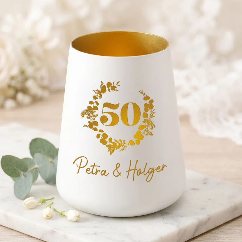 Windlicht zur Goldenen Hochzeit mit Namen personalisiert | Deko Licht zum 50. Hochzeitstag mit Gravur