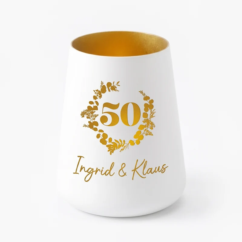 Windlicht zur Goldenen Hochzeit mit Namen personalisiert | Deko Licht zum 50. Hochzeitstag mit Gravur