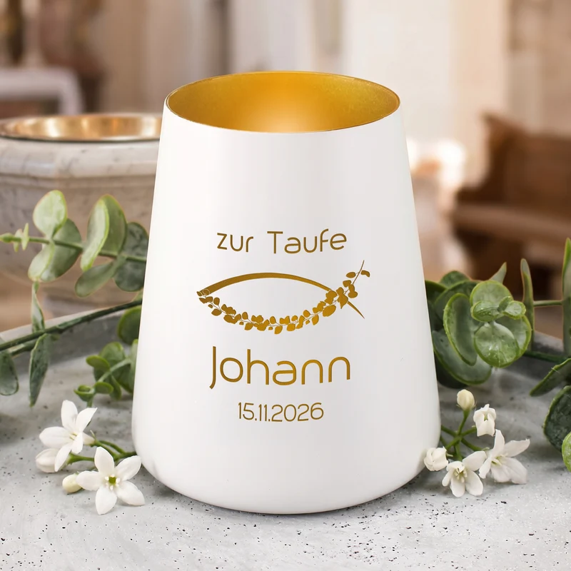Windlicht zur Taufe, Kommunion & Konfirmation mit Gravur | Personalisiertes Deko Licht in Weiß Gold
