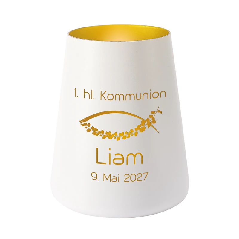 Windlicht zur Taufe, Kommunion & Konfirmation mit Gravur | Personalisiertes Deko Licht in Weiß Gold