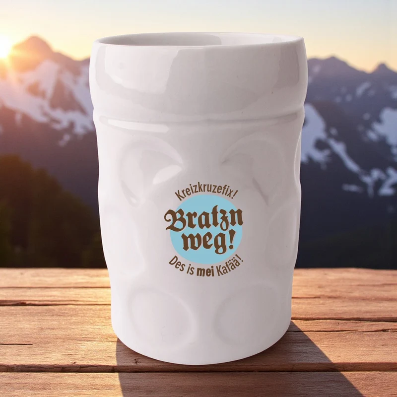 Maßkrug-Kaffeetasse "Bratzn weg!"