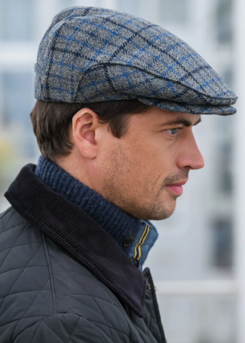 Mucros Weavers Trinity Cap | Grey, Blue & Navy Stripe | Irish Tweed