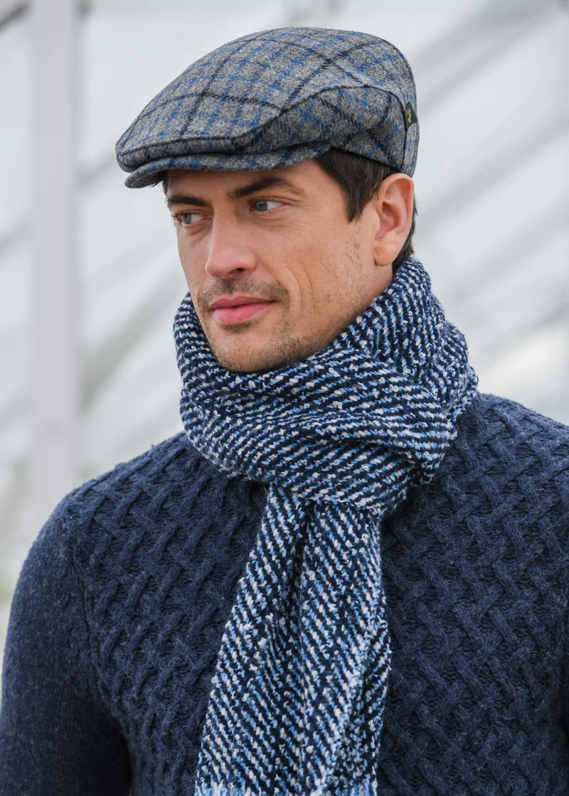 Mucros Weavers Trinity Cap | Grey, Blue & Navy Stripe | Irish Tweed