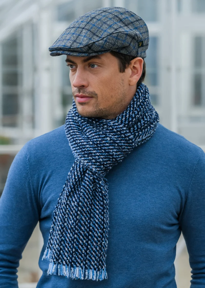 Mucros Weavers Trinity Cap | Grey, Blue & Navy Stripe | Irish Tweed