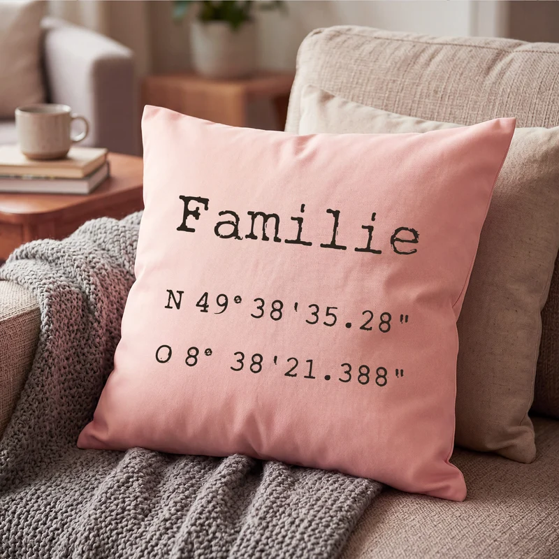Kissen mit Koordinaten & Wunschtext personalisiert | Geschenk zum Hausbau & Einzug für Wohnung