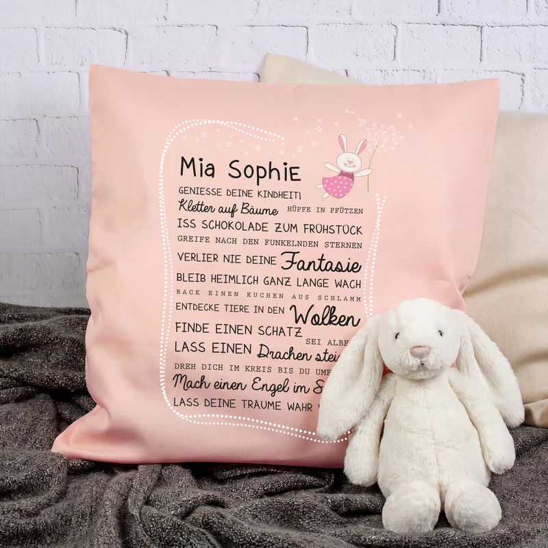 Kissen für Kinder mit Name & Kindheit Spruch personalisiert in Rosa oder Blau | Hase & Bär Geschenk
