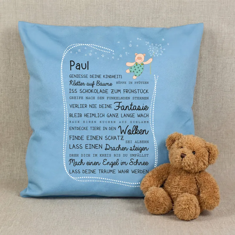 Kissen für Kinder mit Name & Kindheit Spruch personalisiert in Rosa oder Blau | Hase & Bär Geschenk