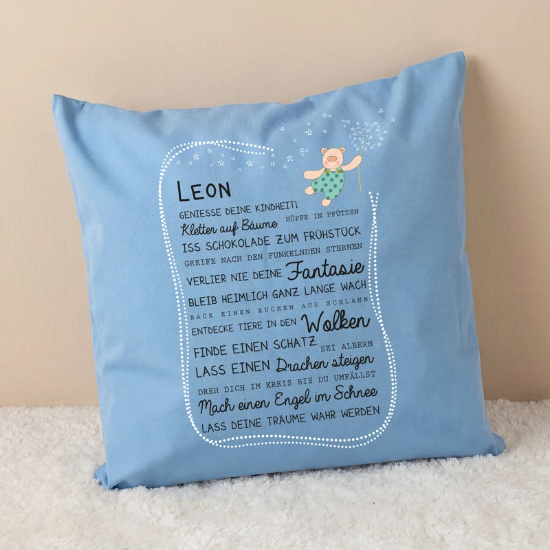 Kissen für Kinder mit Name & Kindheit Spruch personalisiert in Rosa oder Blau | Hase & Bär Geschenk