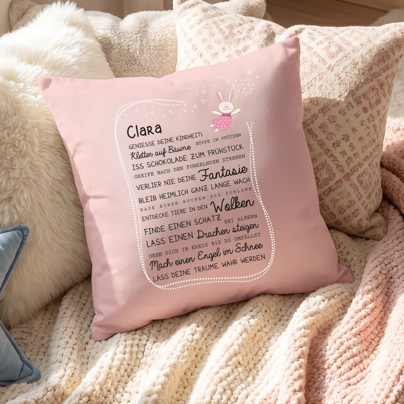 Kissen für Kinder mit Name & Kindheit Spruch personalisiert in Rosa oder Blau | Hase & Bär Geschenk