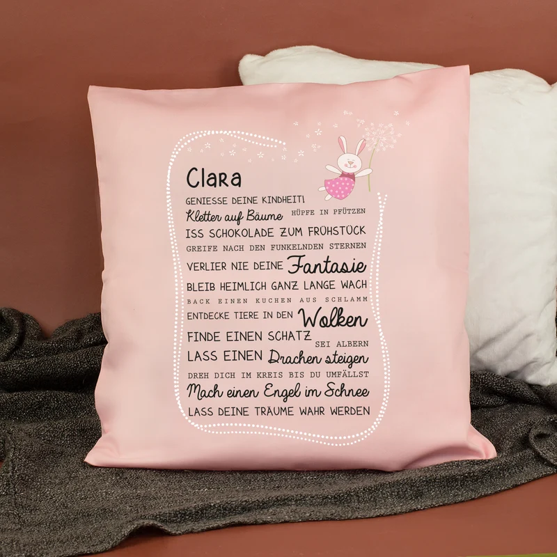 Kissen für Kinder mit Name & Kindheit Spruch personalisiert in Rosa oder Blau | Hase & Bär Geschenk