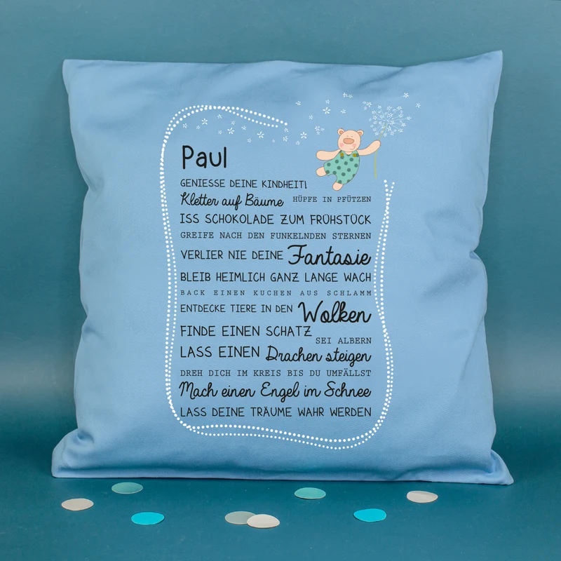 Kissen für Kinder mit Name & Kindheit Spruch personalisiert in Rosa oder Blau | Hase & Bär Geschenk