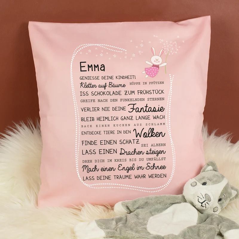 Kissen für Kinder mit Name & Kindheit Spruch personalisiert in Rosa oder Blau | Hase & Bär Geschenk