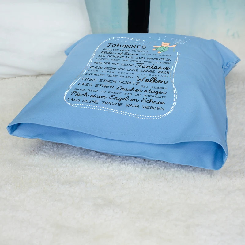 Kissen für Kinder mit Name & Kindheit Spruch personalisiert in Rosa oder Blau | Hase & Bär Geschenk