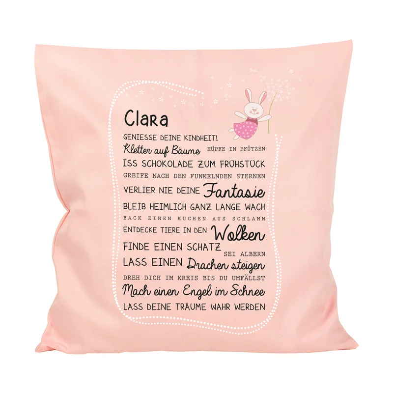 Kissen für Kinder mit Name & Kindheit Spruch personalisiert in Rosa oder Blau | Hase & Bär Geschenk