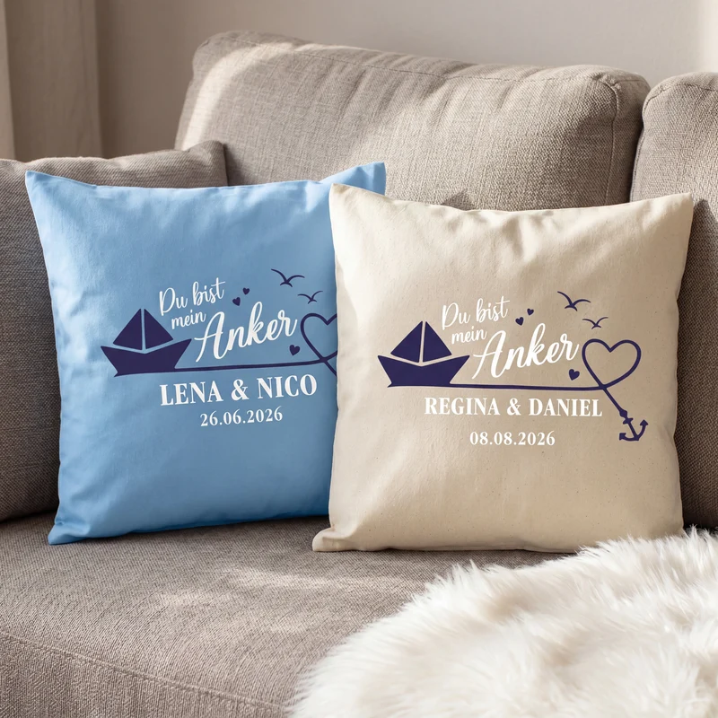 Personalisiertes Kissen 'Mein Anker' mit Namen & Datum | Geschenk zur Hochzeit & Einzug fürs Zuhause