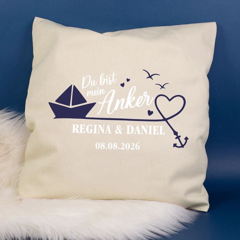Personalisiertes Kissen 'Mein Anker' mit Namen & Datum | Geschenk zur Hochzeit & Einzug fürs Zuhause