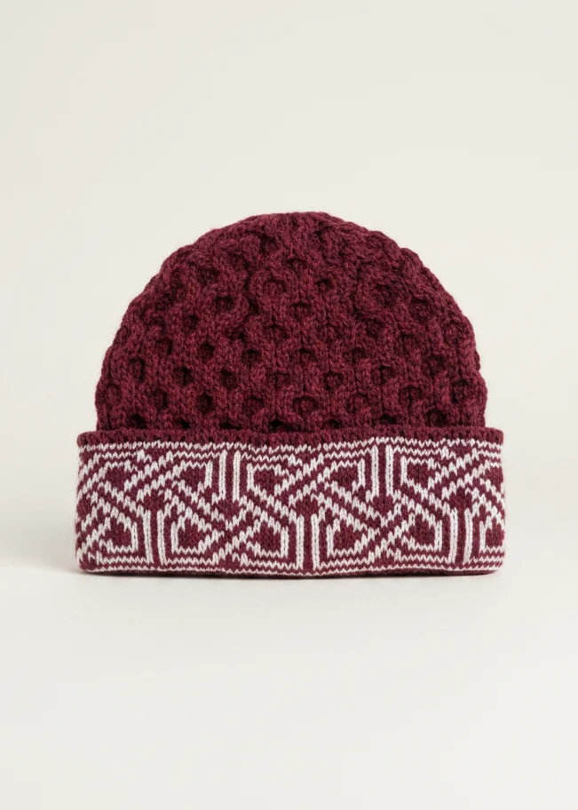 Aran Celtic Design Wool Hat | Raspberry Marl