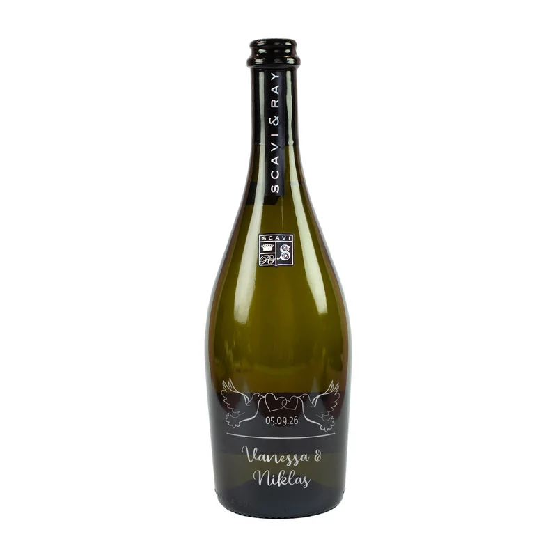 Scavi & Ray Gravierte Seccoflasche mit Taubenmotiv, Namen und Datum zur Hochzeit