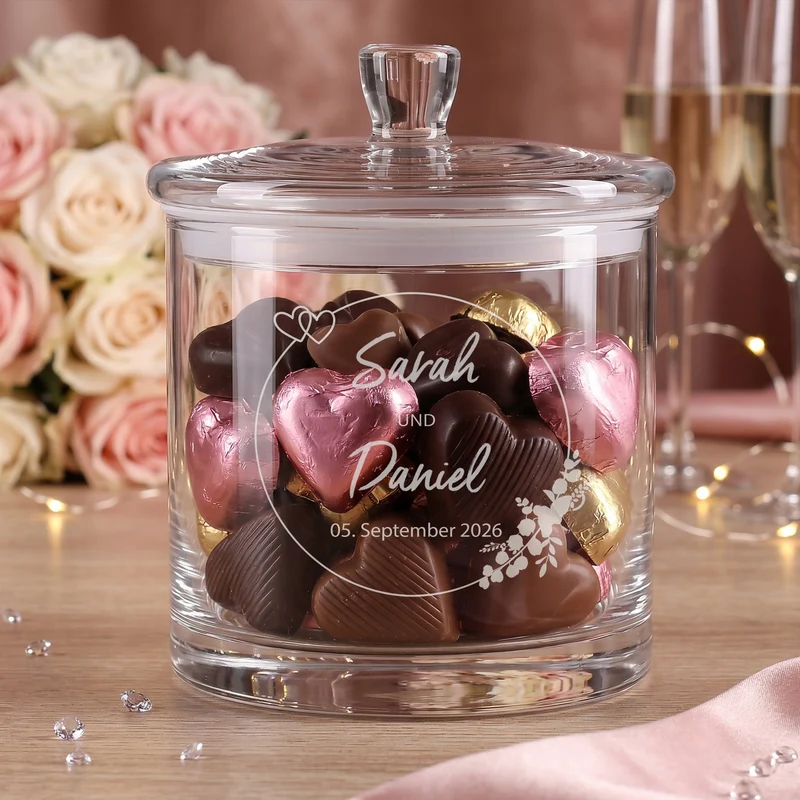 Vorratsglas mit Gravur zur Hochzeit | Personalisiertes Hochzeitsgeschenk Glasdose mit Deckel