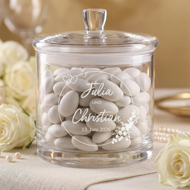 Vorratsglas mit Gravur zur Hochzeit | Personalisiertes Hochzeitsgeschenk Glasdose mit Deckel