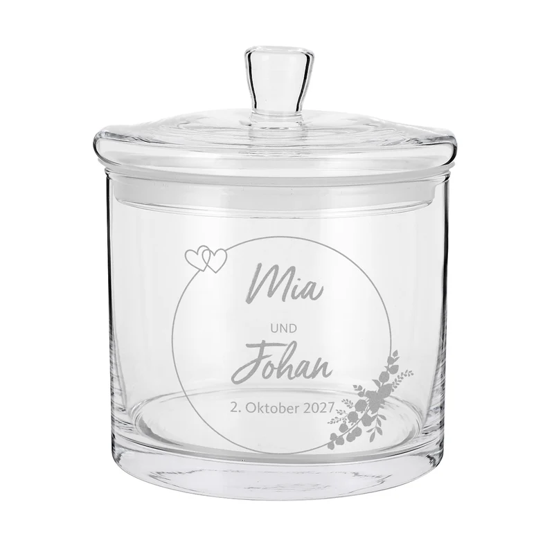 Vorratsglas mit Gravur zur Hochzeit | Personalisiertes Hochzeitsgeschenk Glasdose mit Deckel