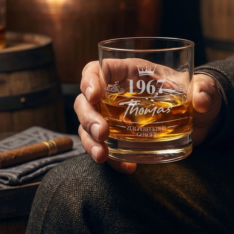 Whiskey Glas mit Gravur als Geschenk zum Geburtstag | Whiskyglas personalisiert mit Name, Jahr & Krone