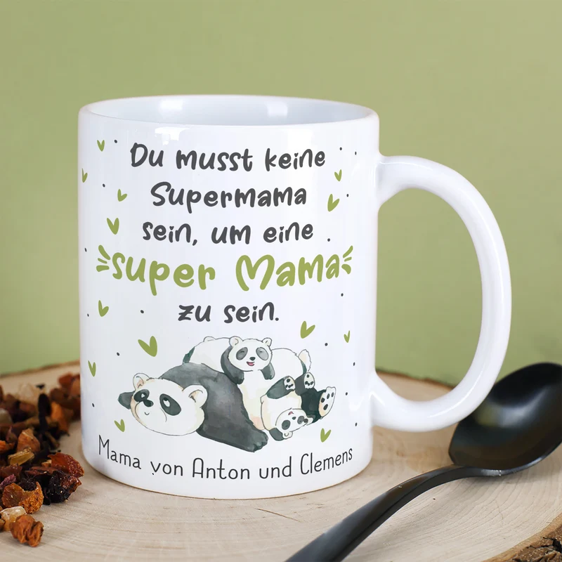 Personalisierte Tasse - Super Mama - mit Panda Motiv & Wunschtext als Geschenk zum Muttertag