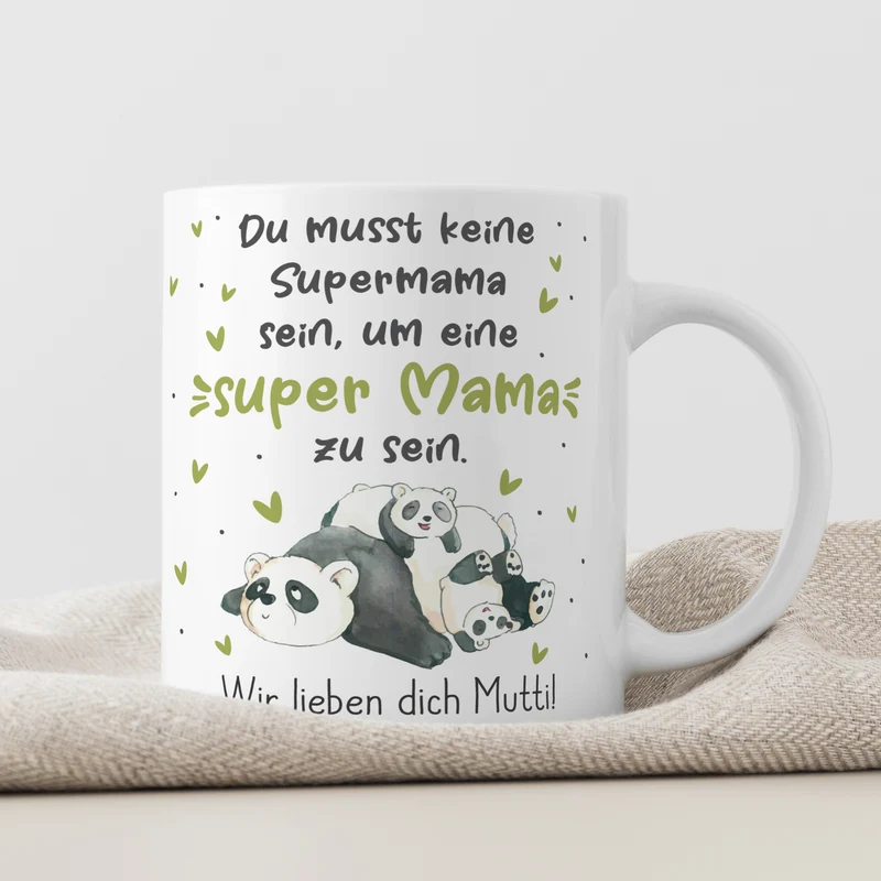 Personalisierte Tasse - Super Mama - mit Panda Motiv & Wunschtext als Geschenk zum Muttertag