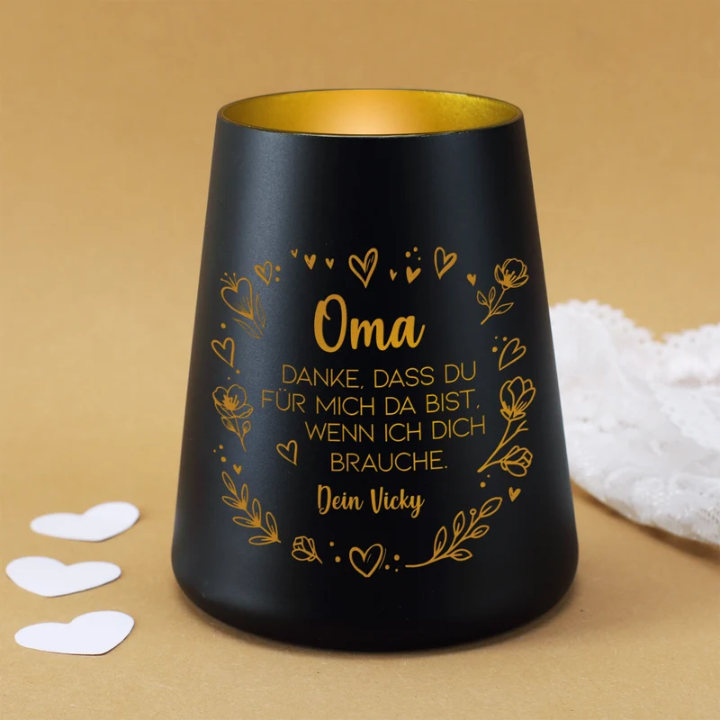 Windlicht mit Gravur für Mama & Familie personalisiert mit Wunschtext und Herz Motiv | Schwarz oder Weiß