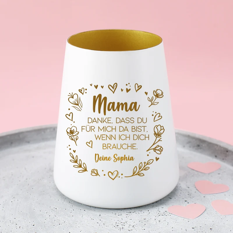 Windlicht mit Gravur für Mama & Familie personalisiert mit Wunschtext und Herz Motiv | Schwarz oder Weiß
