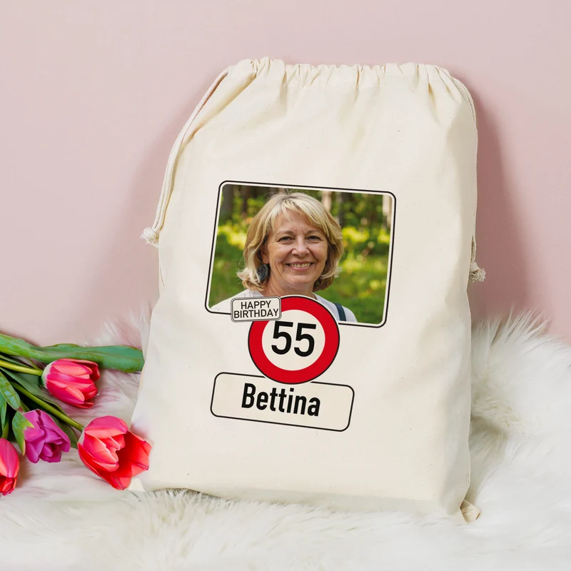 Geschenksack zum Geburtstag personalisiert mit Foto, Name & Alter | Verkehrszeichen Motiv