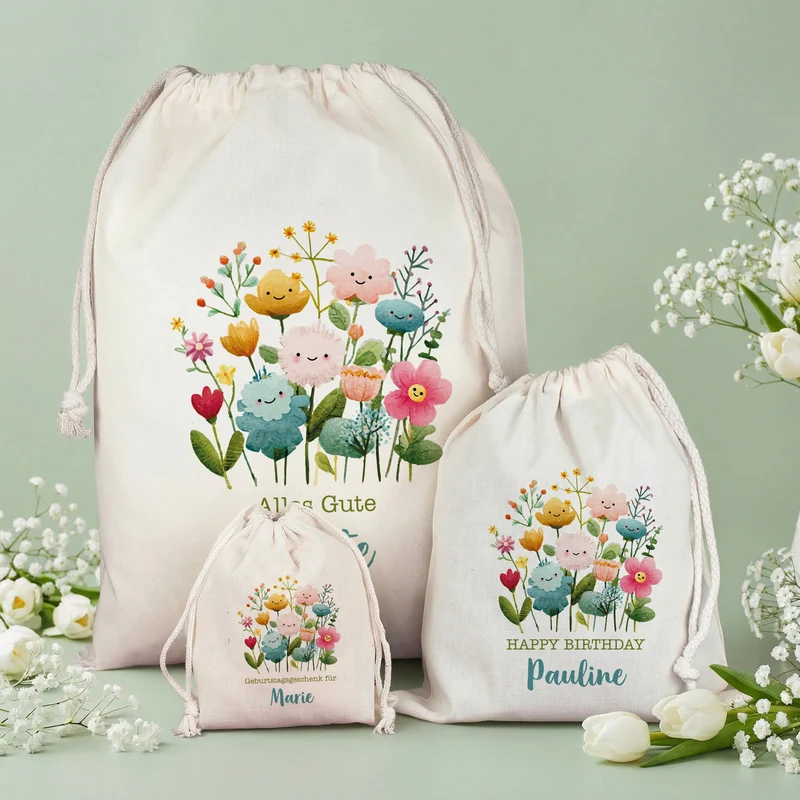 Personalisierter Geschenksack mit Blumen Motiv & Kordelzug | 100 % Baumwolle | 3 Größen