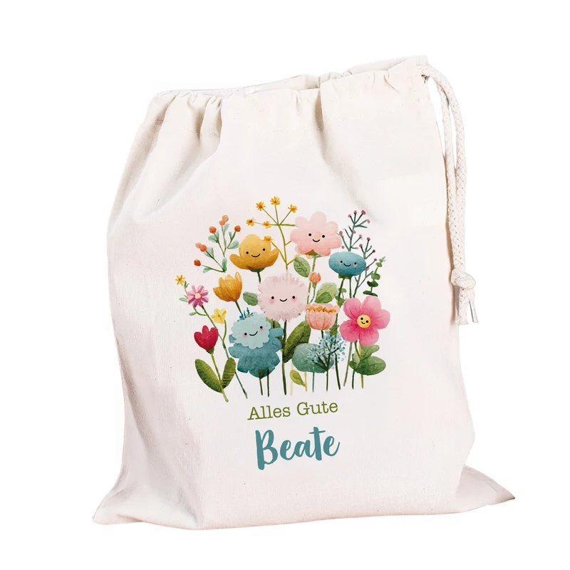 Personalisierter Geschenksack mit Blumen Motiv & Kordelzug | 100 % Baumwolle | 3 Größen