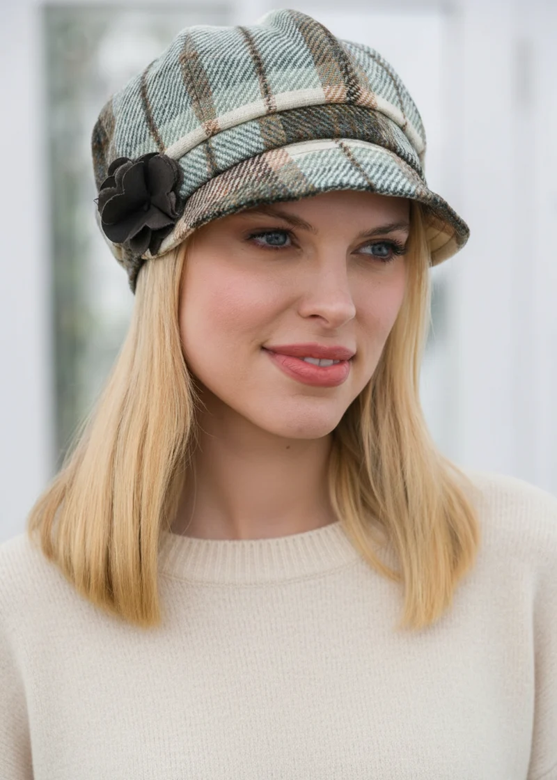 Mucros Weavers Ladies Newsboy Cap | Beige Sage Check | Irish Tweed