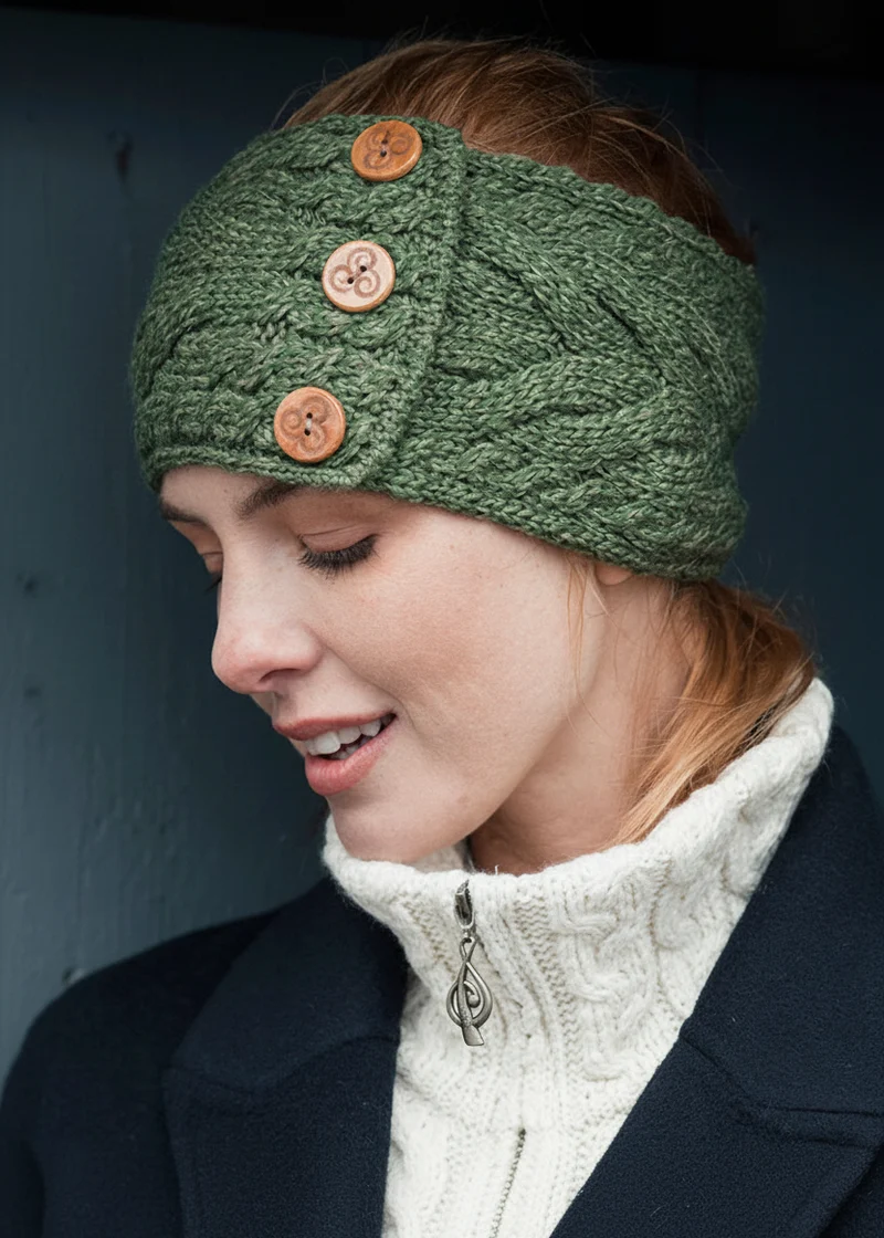 Women's Aran Button Headband | Meadow Green