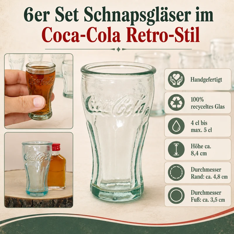 Coca Cola Schnapsgläser 6er Set handgefertigt 5cl | Retro Stamper aus recyceltem Glas