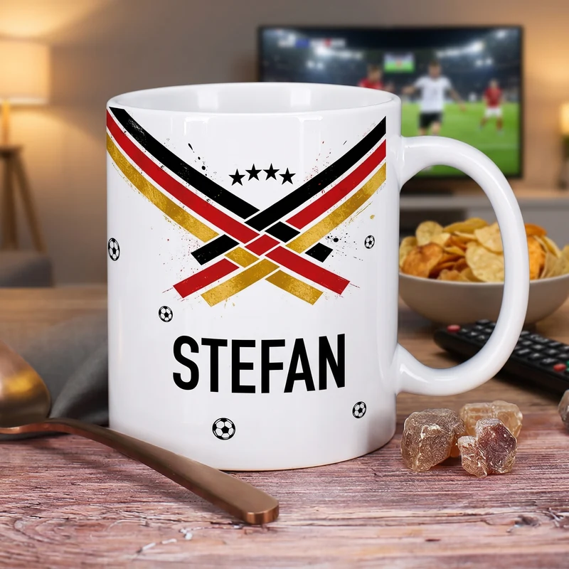 Fußball Tasse mit Name und Deutschland Flagge Schwarz Rot Gold | Geschenk für Fußballer zur WM & EM