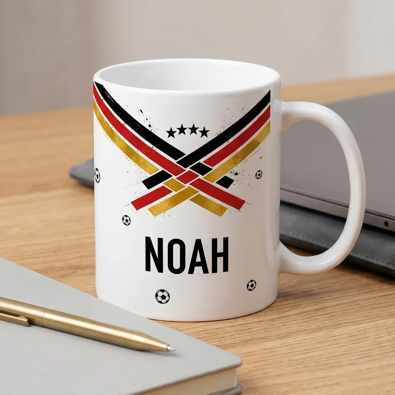 Fußball Tasse mit Name und Deutschland Flagge Schwarz Rot Gold | Geschenk für Fußballer zur WM & EM