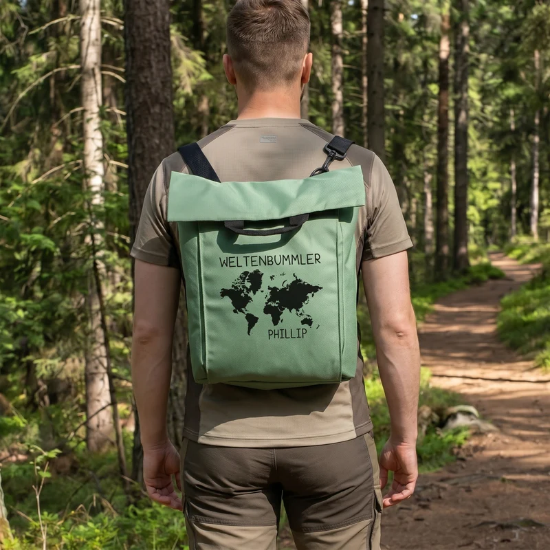 Leichter 2-in-1 Rucksack & Tasche personalisiert mit Wunschtext und Name | Weltkarte Motiv für Reise