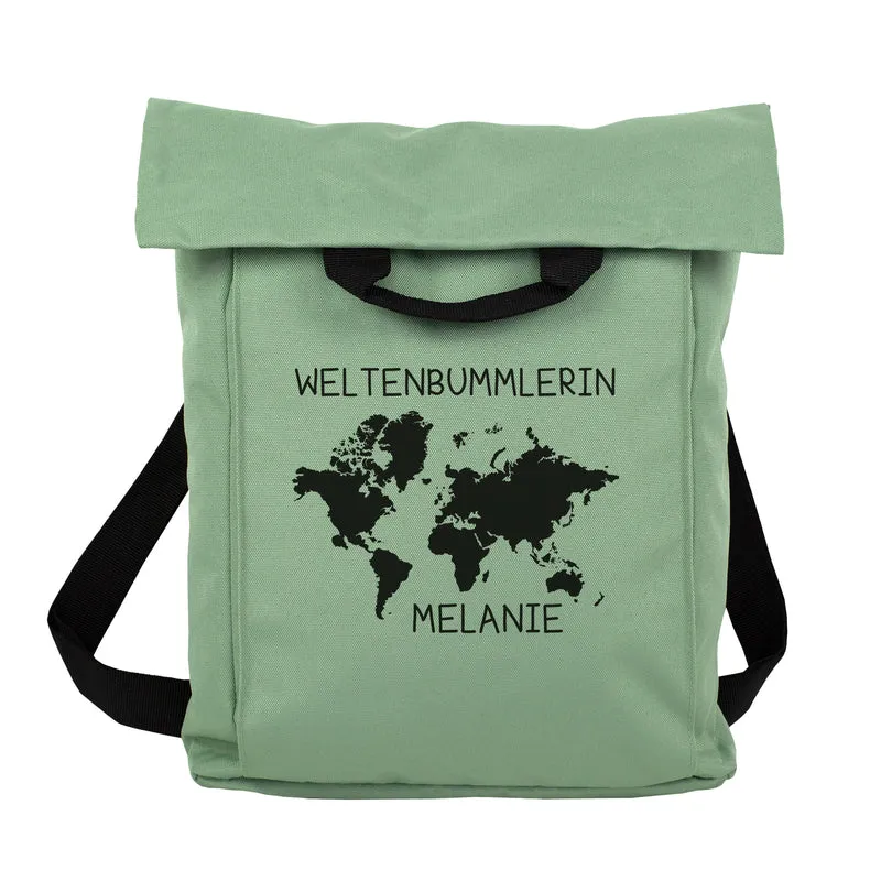 Leichter 2-in-1 Rucksack & Tasche personalisiert mit Wunschtext und Name | Weltkarte Motiv für Reise