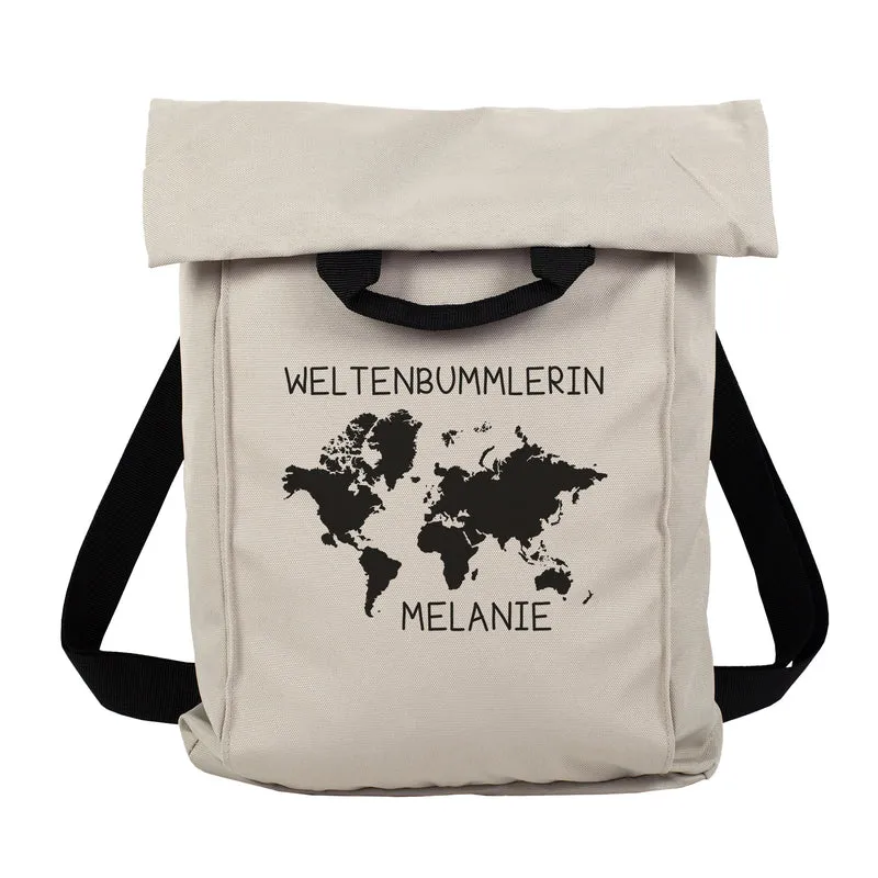 Leichter 2-in-1 Rucksack & Tasche personalisiert mit Wunschtext und Name | Weltkarte Motiv für Reise