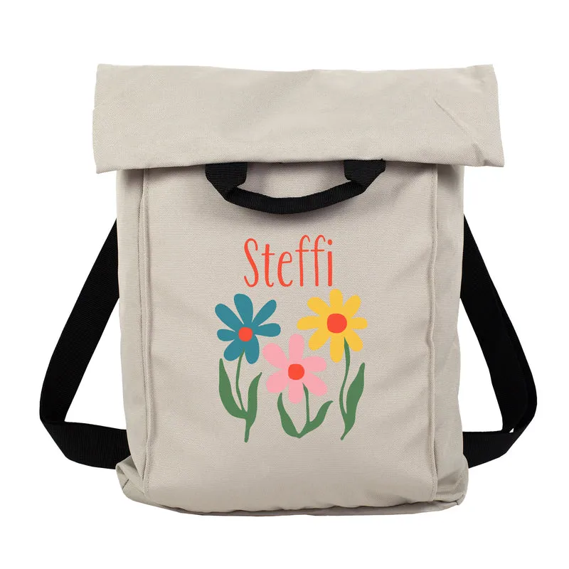 Leichter 2-in-1 Rucksack personalisiert mit Name und Blumen | Geschenk für Frauen, Wandern & Urlaub