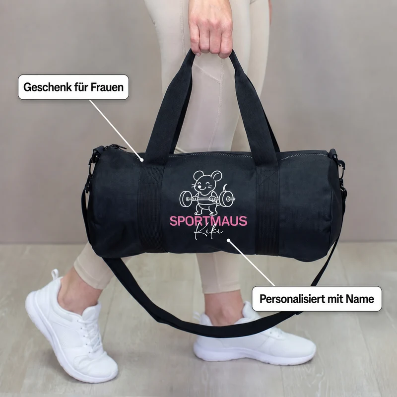 Sporttasche personalisiert mit Name & Sportmaus Motiv | Duffle Bag als Geschenk für Mädchen & Frauen