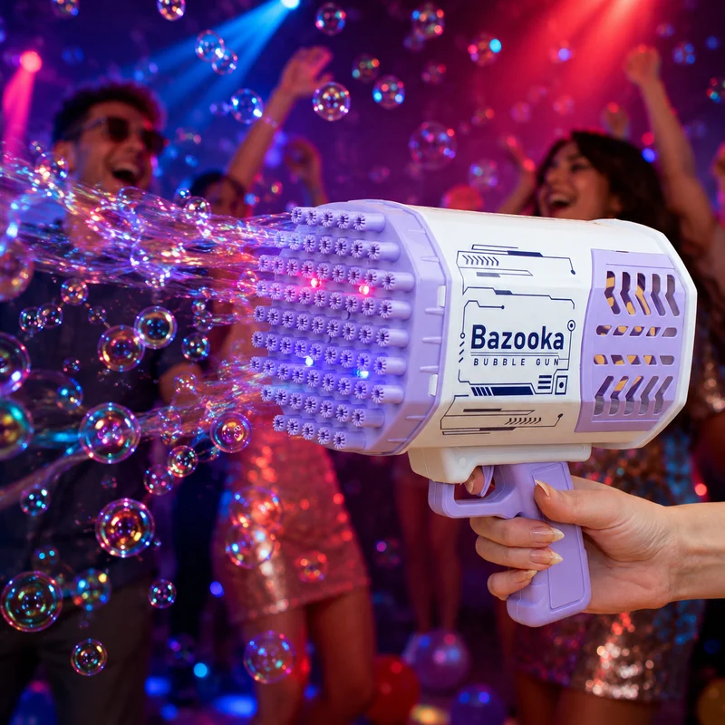 Seifenblasenpistole mit LED Licht | Party Bazooka mit Akku