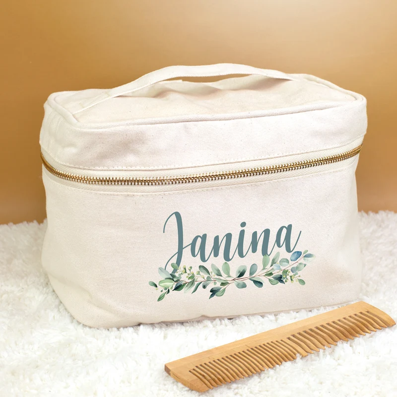 Personalisierte Kosmetiktasche mit Name & Zweig | Kulturbeutel aus Baumwolle als Geschenk