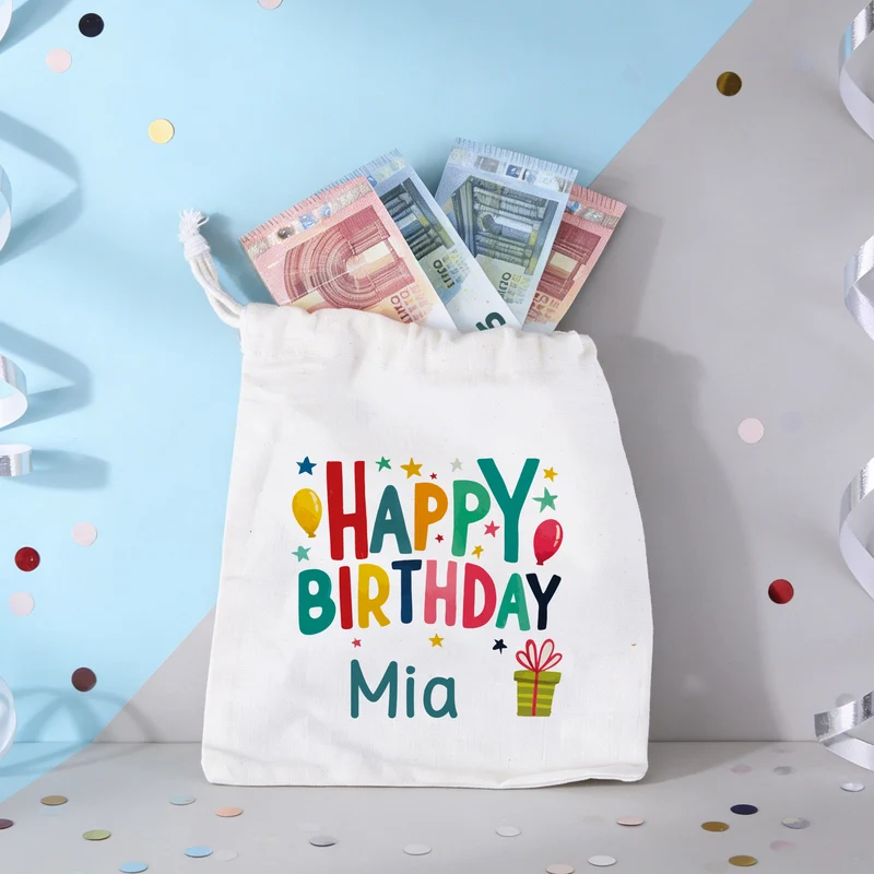 Personalisierter Geschenksack Happy Birthday mit Name | Geschenkverpackung zum Geburtstag in 3 Größen