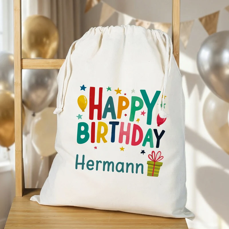 Personalisierter Geschenksack Happy Birthday mit Name | Geschenkverpackung zum Geburtstag in 3 Größen