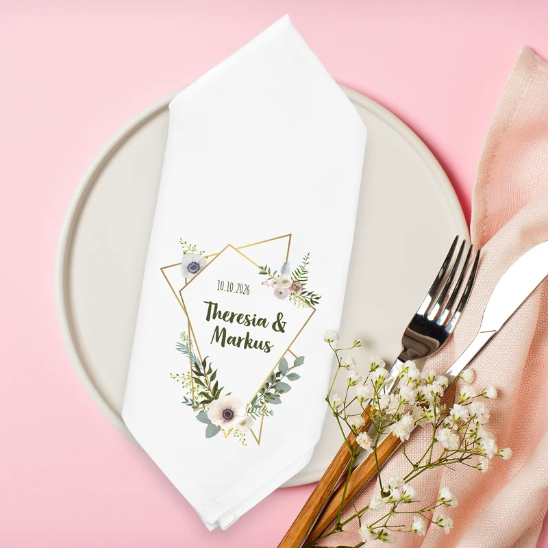Personalisierte Stoffserviette zur Hochzeit mit Eukalyptus & Blumenrahmen | Tischdeko mit Namen & Datum
