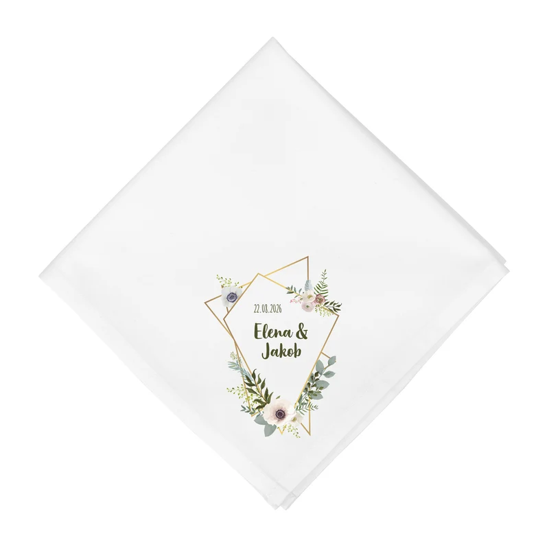 Personalisierte Stoffserviette zur Hochzeit mit Eukalyptus & Blumenrahmen | Tischdeko mit Namen & Datum